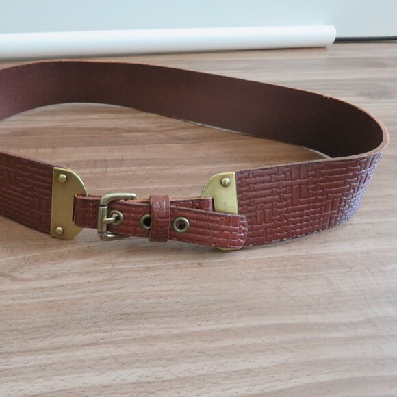 FOSSIL Textured Cognac Brown Leather Chunky Y2K Belt Festival - Women's Size L - Picture 4 of 10